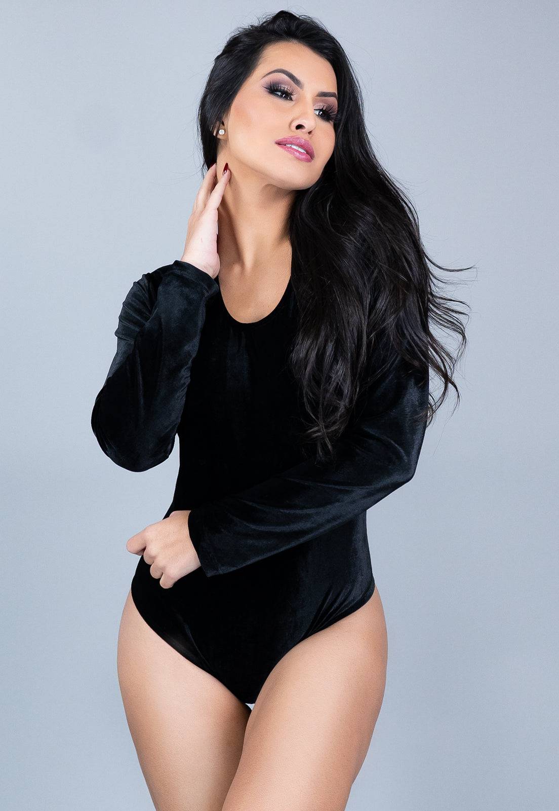 Body Manga Longa Veludo Collant Costa Fechada Branco - MVB MODAS