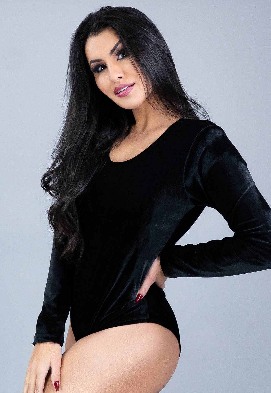 Body Manga Longa Veludo Collant Costa Fechada Branco - MVB MODAS