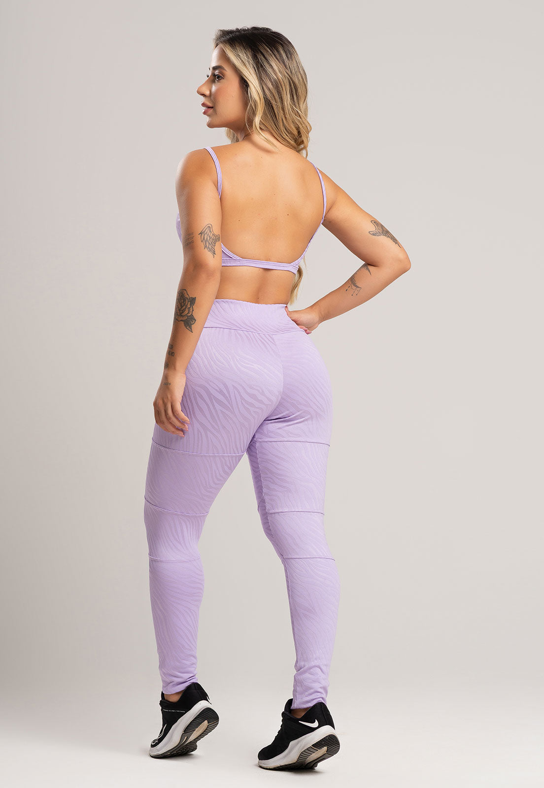 Calça Legging Recortes Cintura Alta Feminina Jacquard Lilás - MVB MODAS