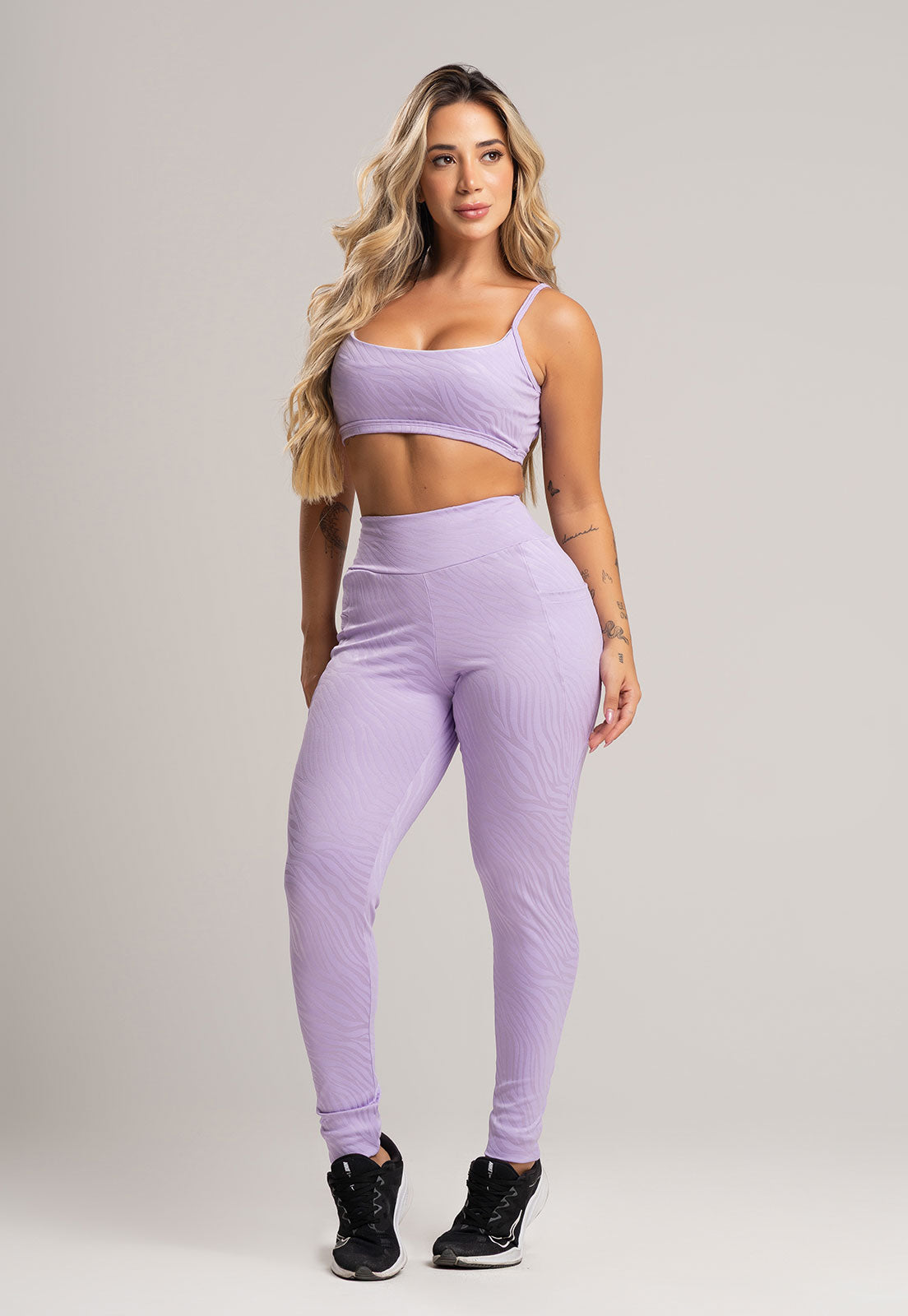 Calça Legging Bolsos Cintura Alta Feminina Jacquard Preto - MVB MODAS