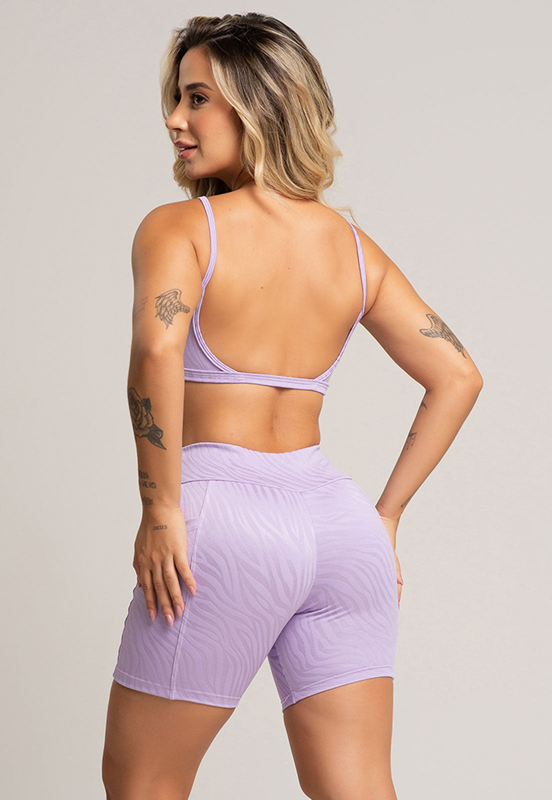 Short Bolsos Cintura Alta Feminina Jacquard Lilás - MVB MODAS