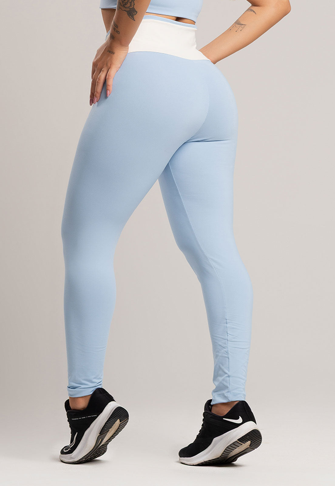 Calça Legging Cós Off White Cintura Alta Feminina Poliamida Preto - MVB MODAS