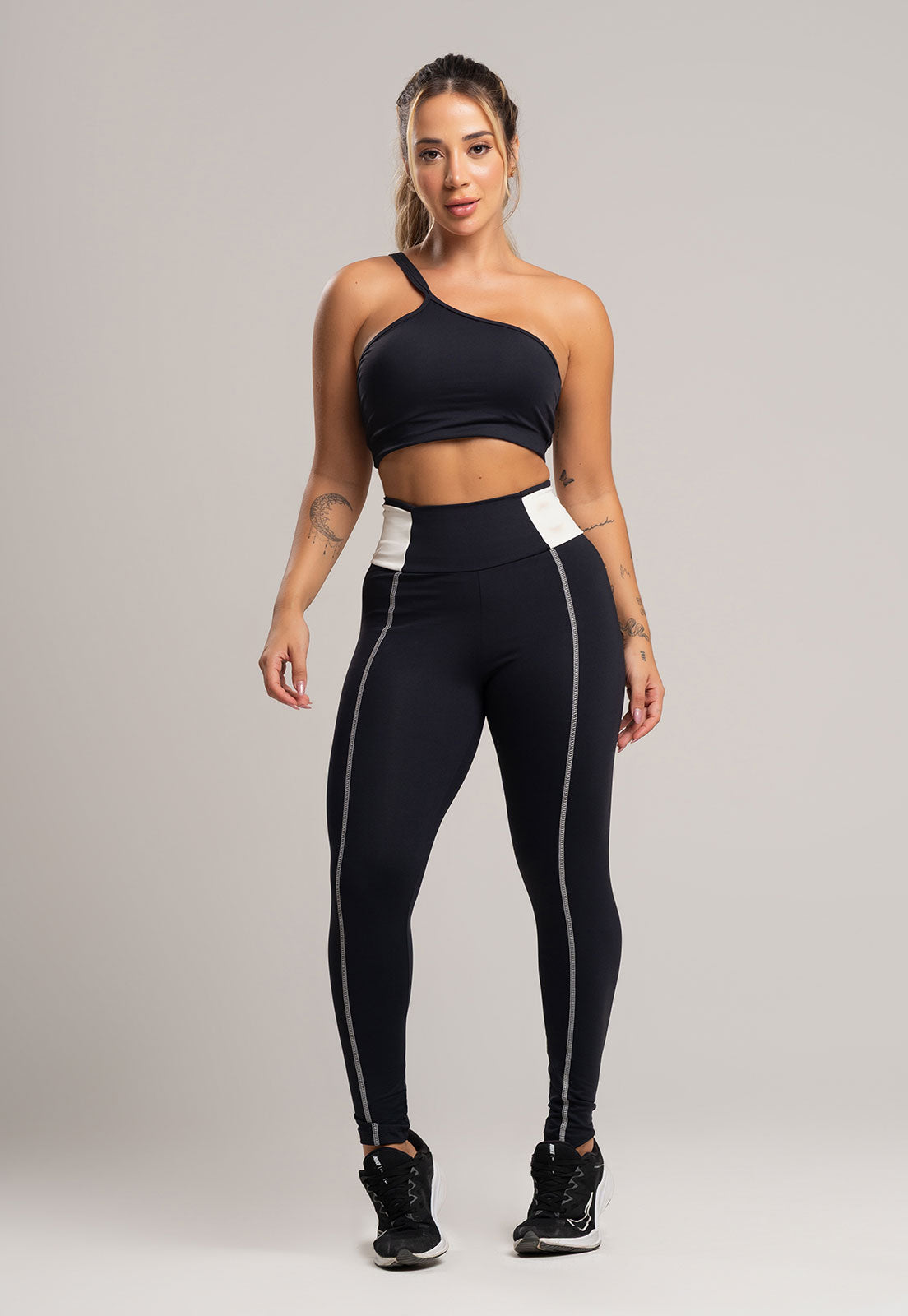 Calça Legging Cós Off White Cintura Alta Feminina Poliamida Preto - MVB MODAS