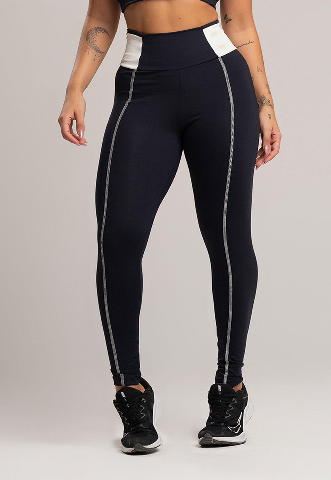 Calça Legging Cós Off White Cintura Alta Feminina Poliamida Preto - MVB MODAS