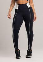Calça Legging Cós Off White Cintura Alta Feminina Poliamida Preto - MVB MODAS