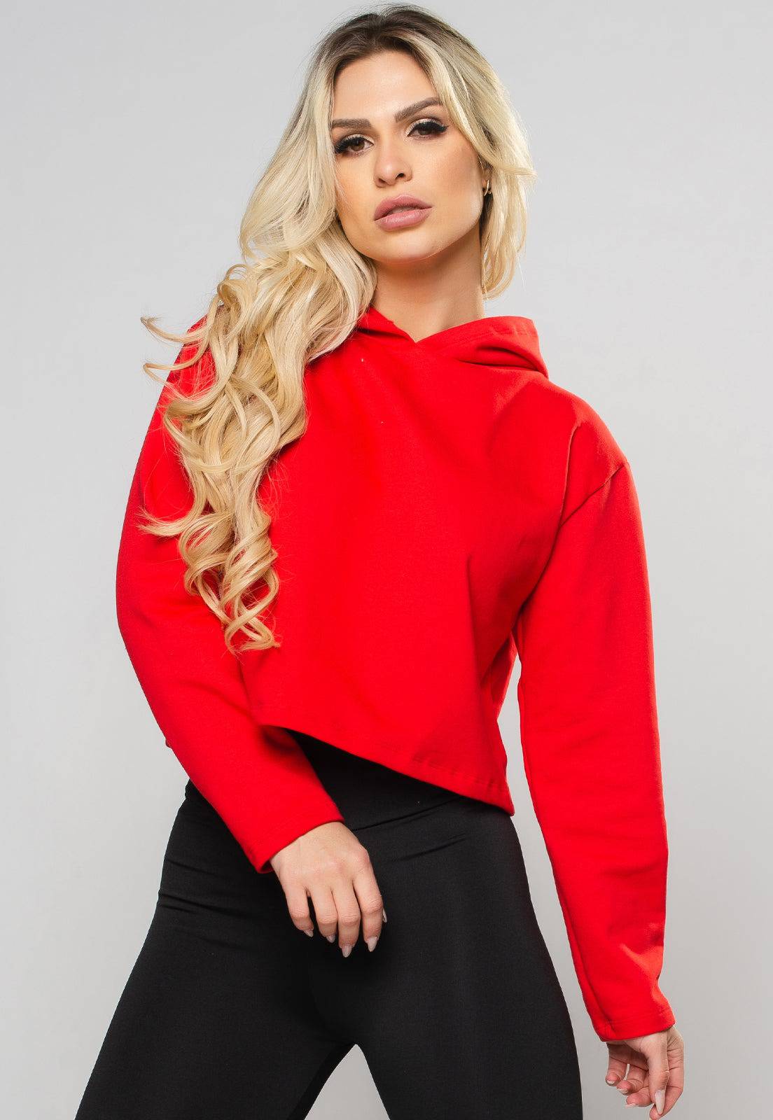 Cropped Moletom Flanelado Manga Longa e Capuz Branco - MVB MODAS