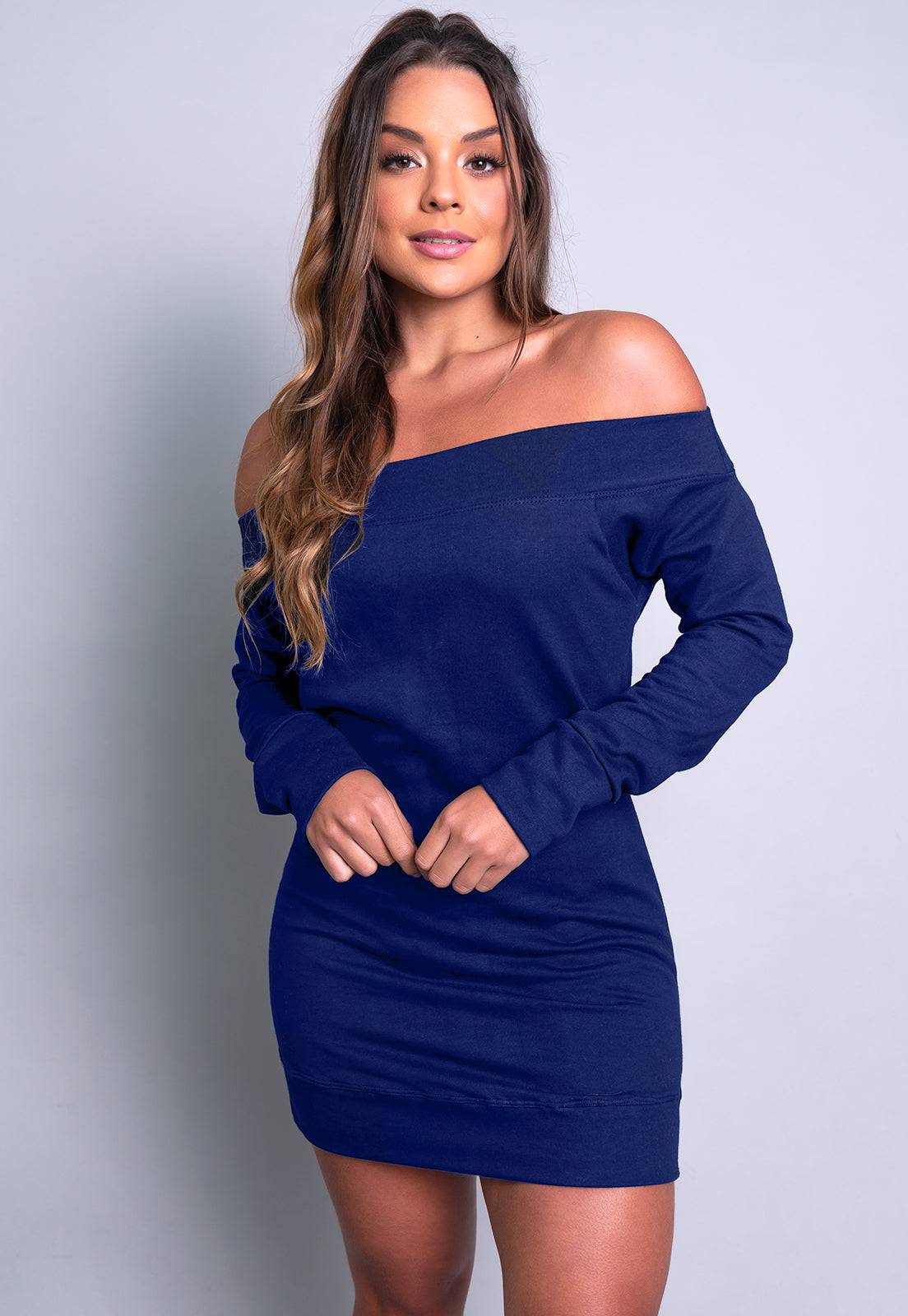 Vestido Moletom Ombro a Ombro Manga Longa Branco - MVB MODAS