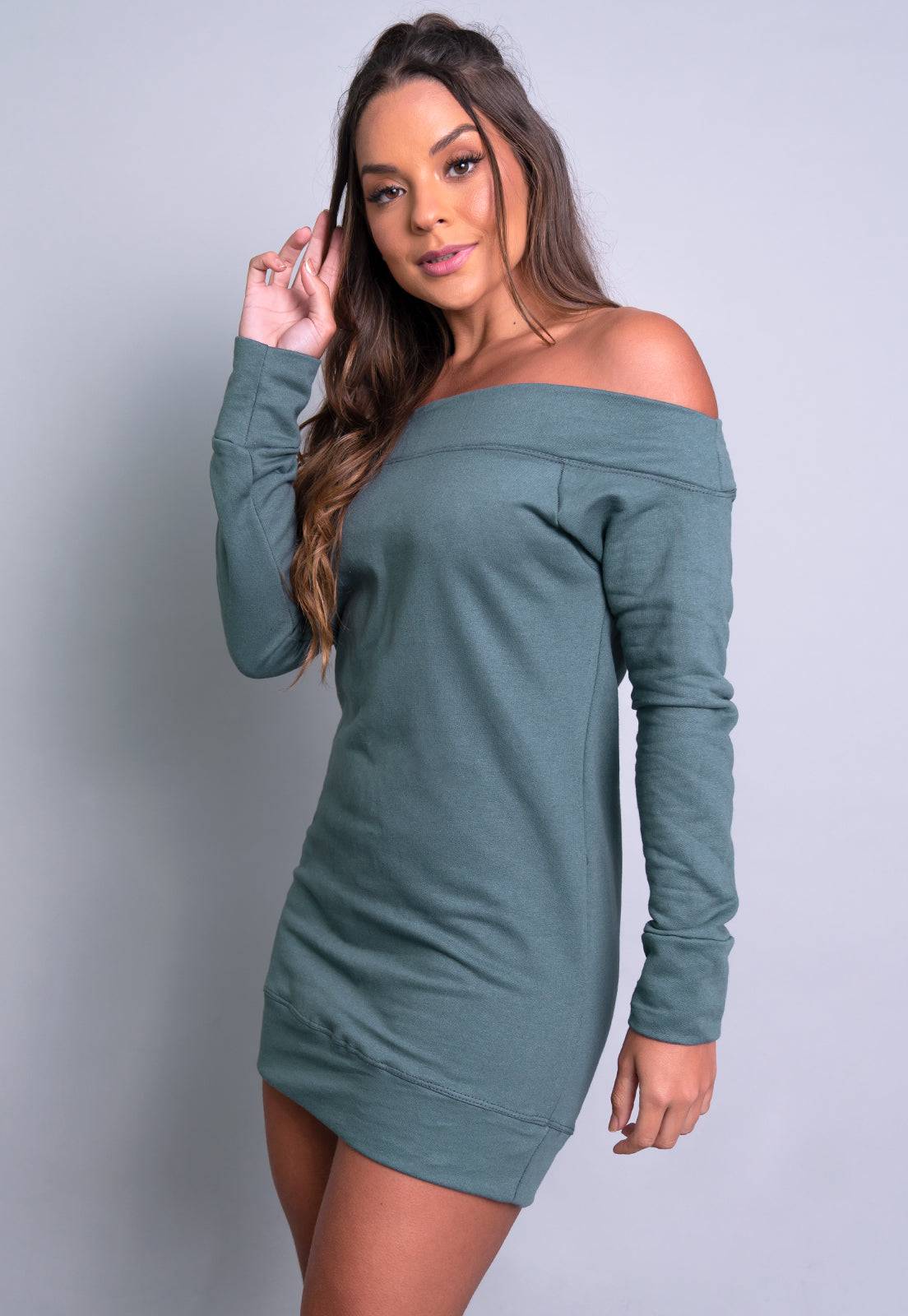 Vestido Moletom Ombro a Ombro Manga Longa Branco - MVB MODAS