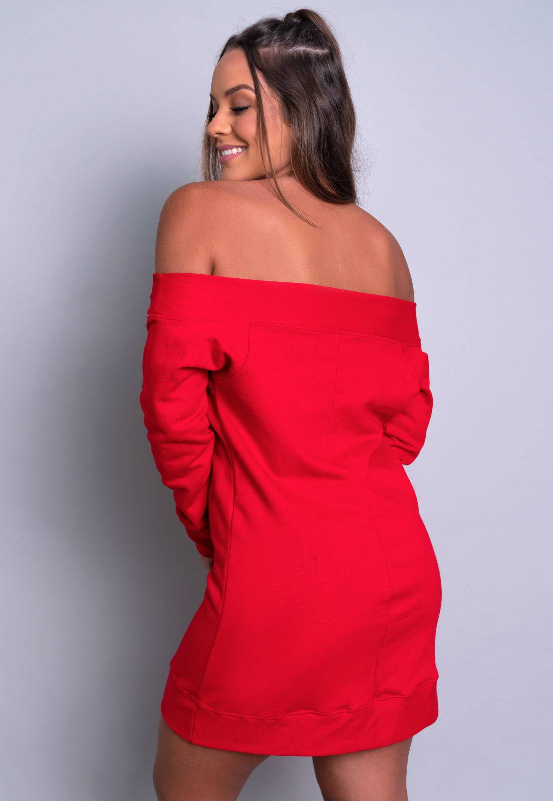 Vestido Moletom Ombro a Ombro Manga Longa Preto - MVB MODAS