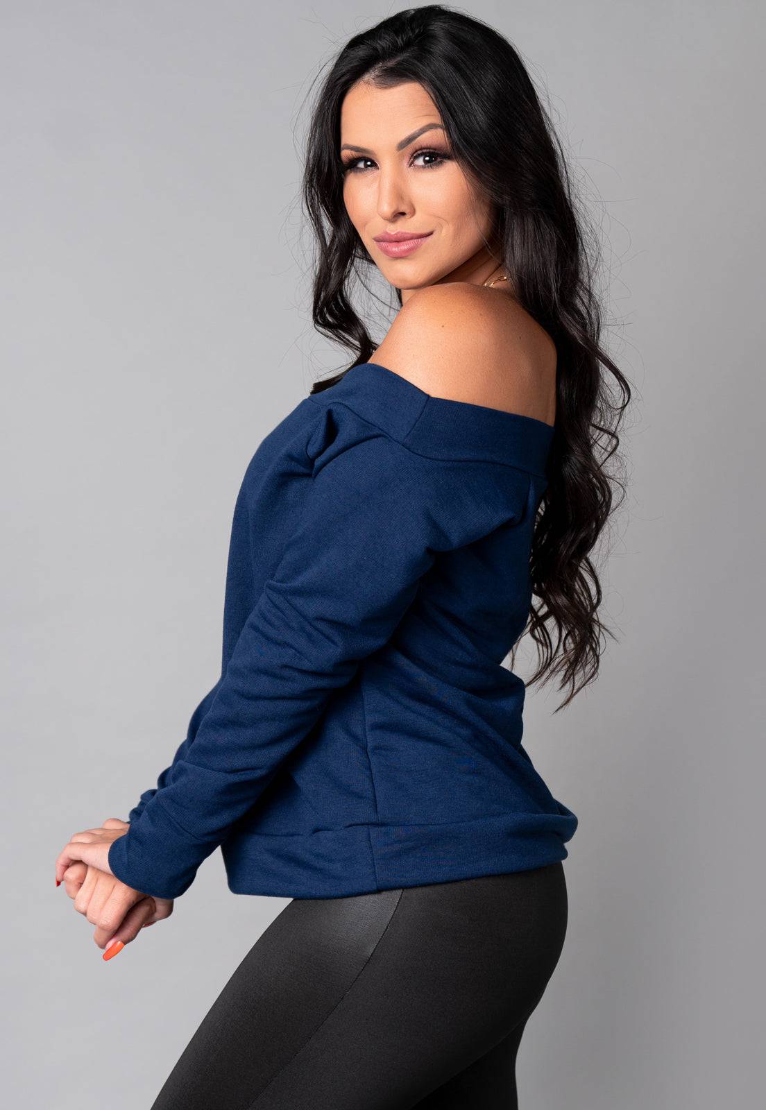 Blusa Manga Longa Cropped Ombro a Ombro Cinza - MVB MODAS