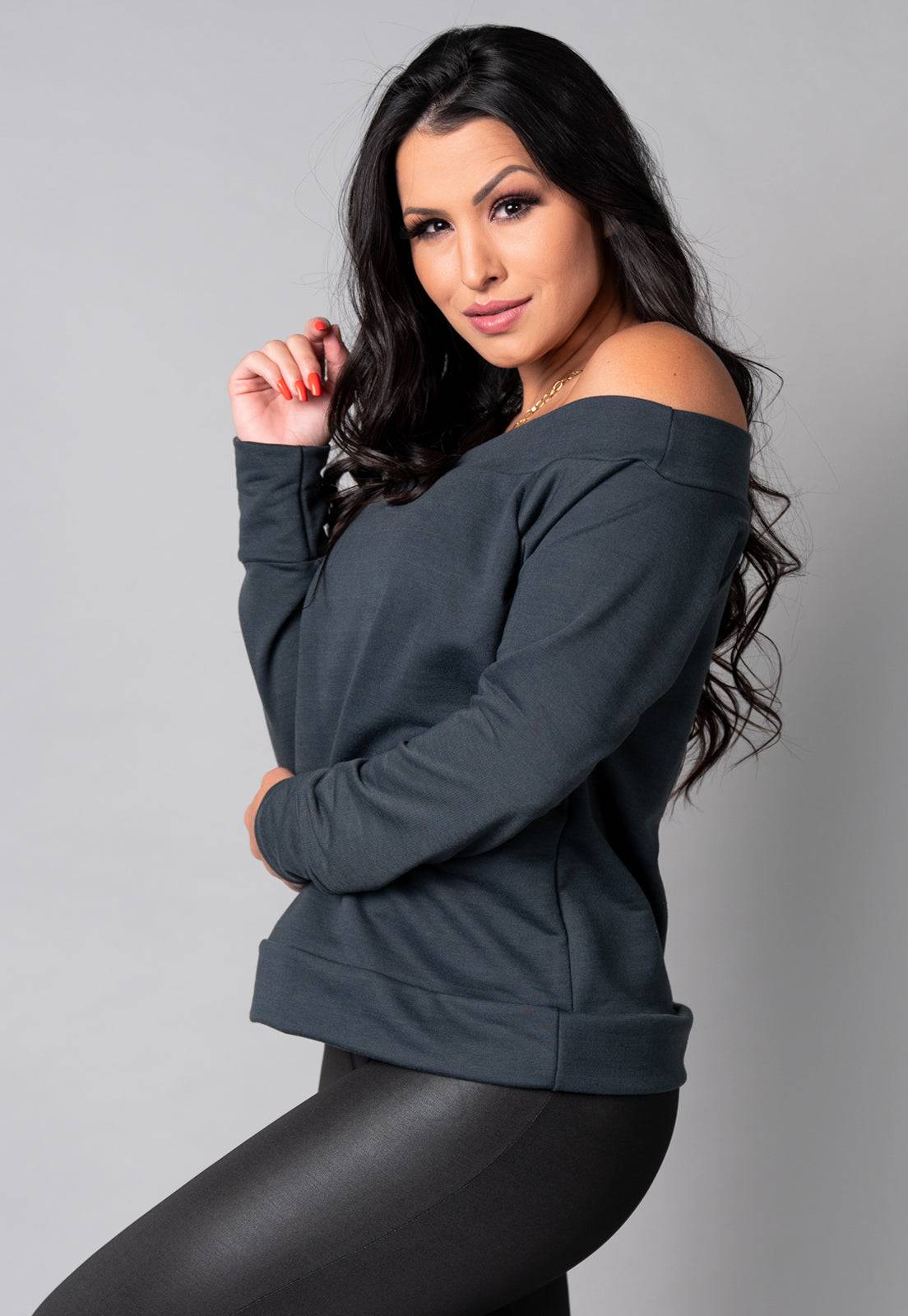 Blusa Manga Longa Cropped Ombro a Ombro Vermelho - MVB MODAS