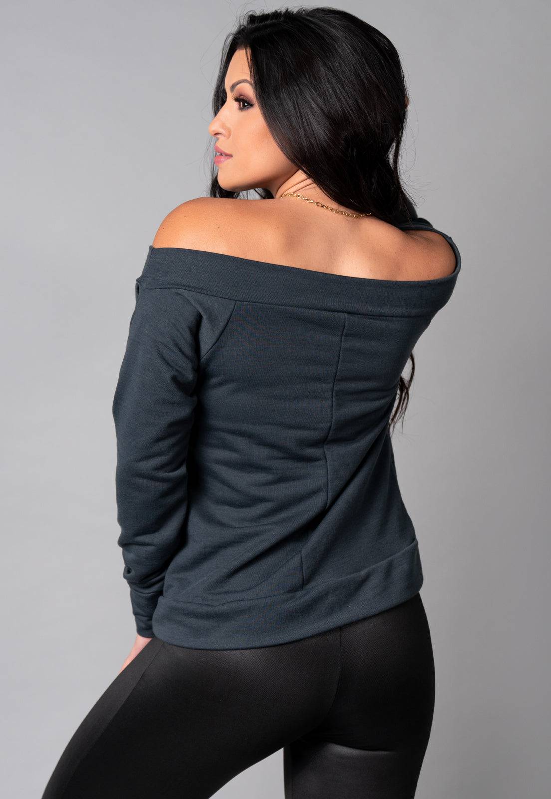 Blusa Manga Longa Cropped Ombro a Ombro Azul - MVB MODAS