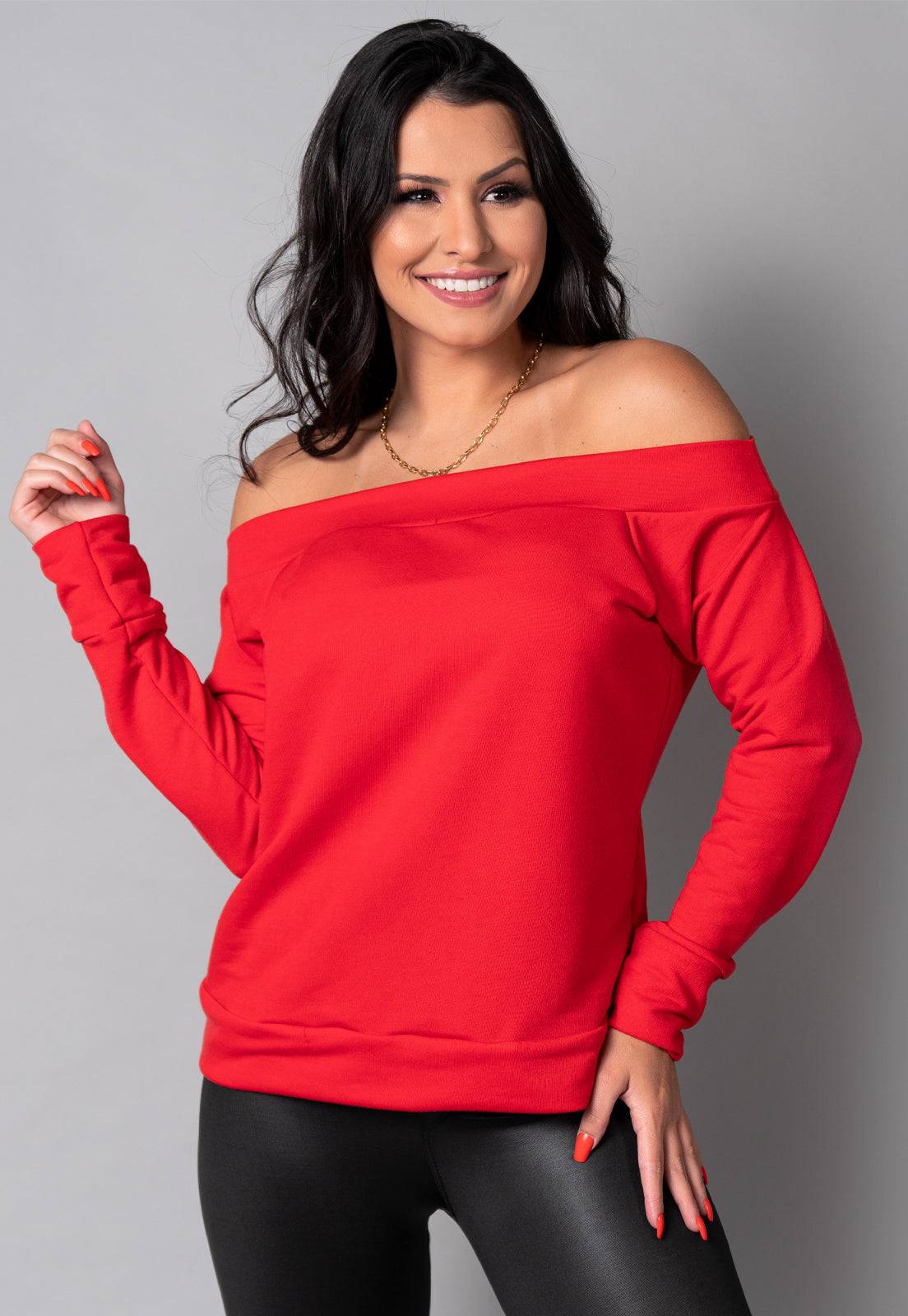 Blusa Manga Longa Cropped Ombro a Ombro Azul - MVB MODAS