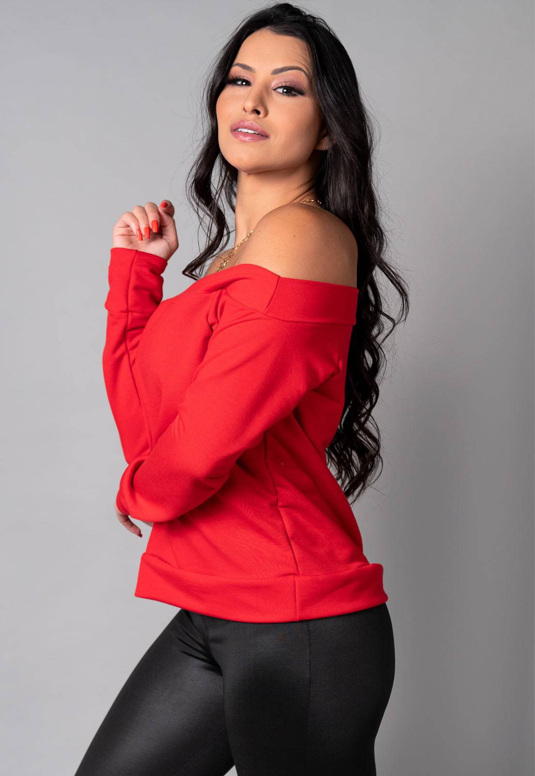 Blusa Manga Longa Cropped Ombro a Ombro Vinho - MVB MODAS