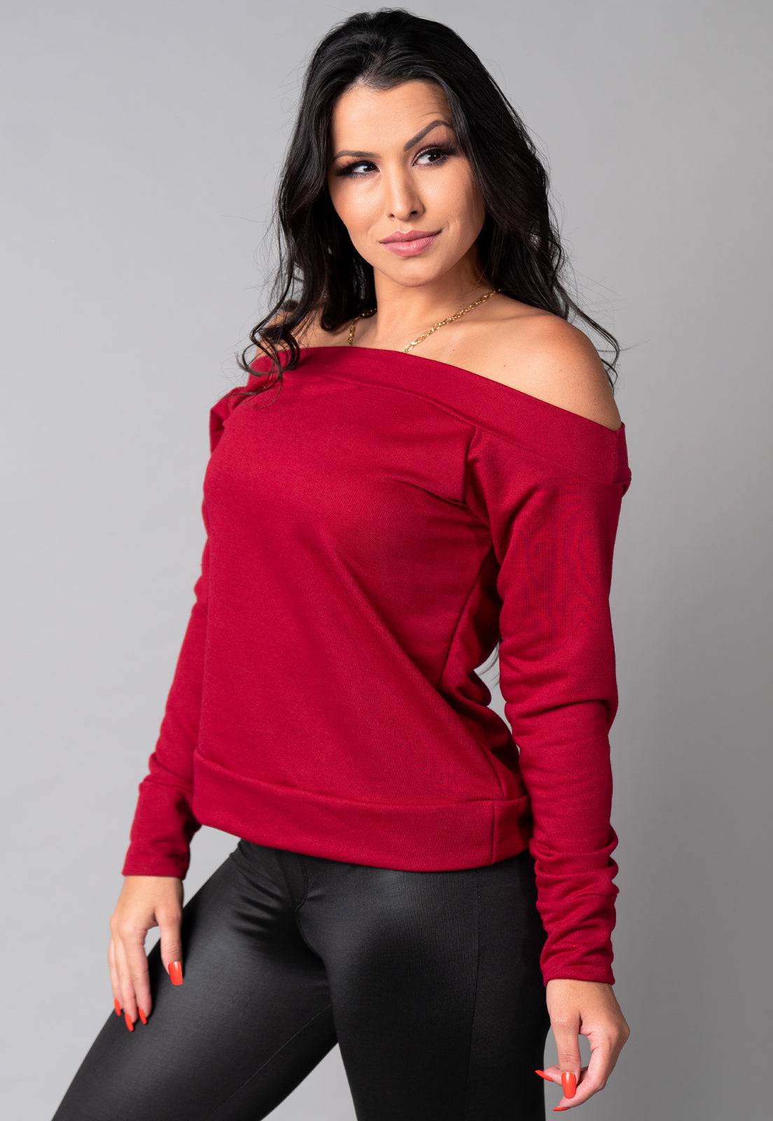 Blusa Manga Longa Cropped Ombro a Ombro Vermelho - MVB MODAS
