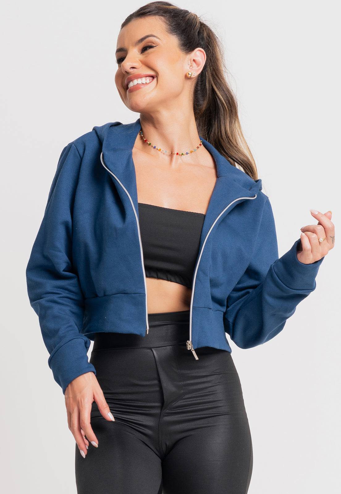 Cropped Moletom Flanelado Zíper Chumbo - MVB MODAS