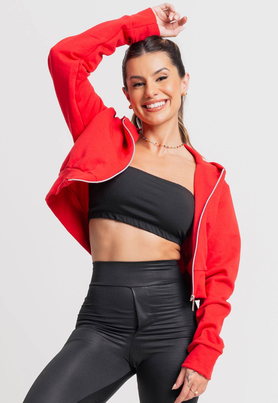 Cropped Moletom Flanelado Zíper Chumbo - MVB MODAS