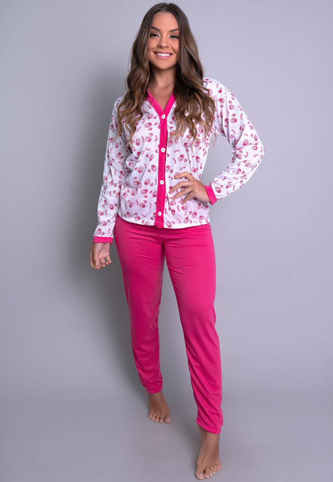 Pijama Longo Blusa Aberta Botões Calça Vermelho - MVB MODAS