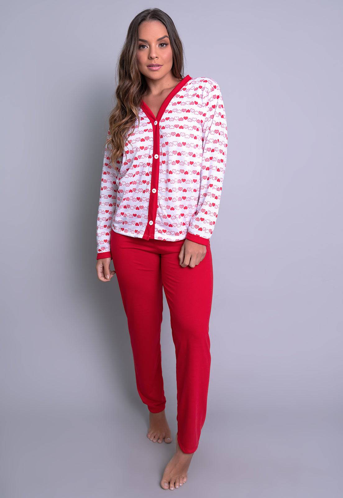 Pijama Longo Blusa Aberta Botões Calça Rosa - MVB MODAS