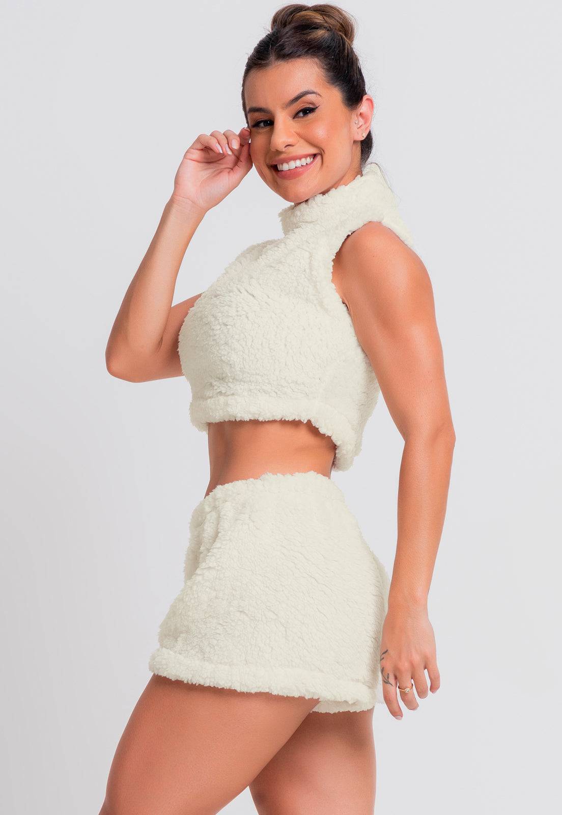 Pijama Flanelado Cropped e Short Teddy Preto - MVB MODAS