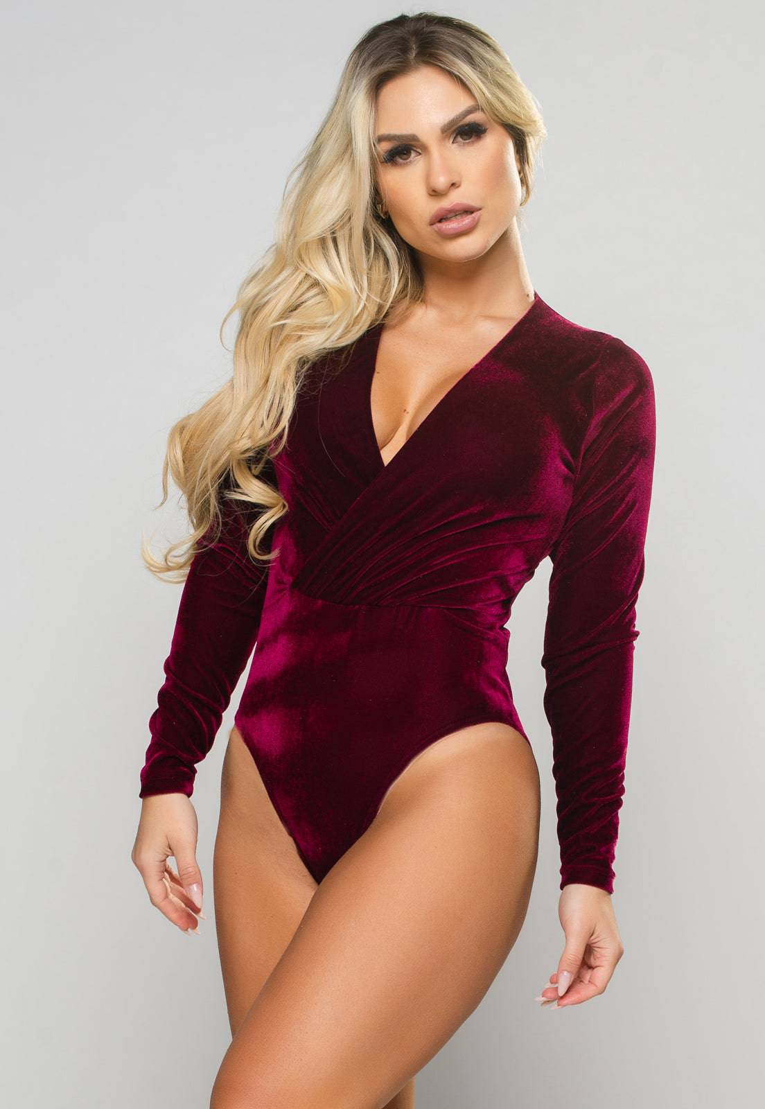 Body Manga Longa Transpassado Veludo Molhado Vinho - MVB MODAS