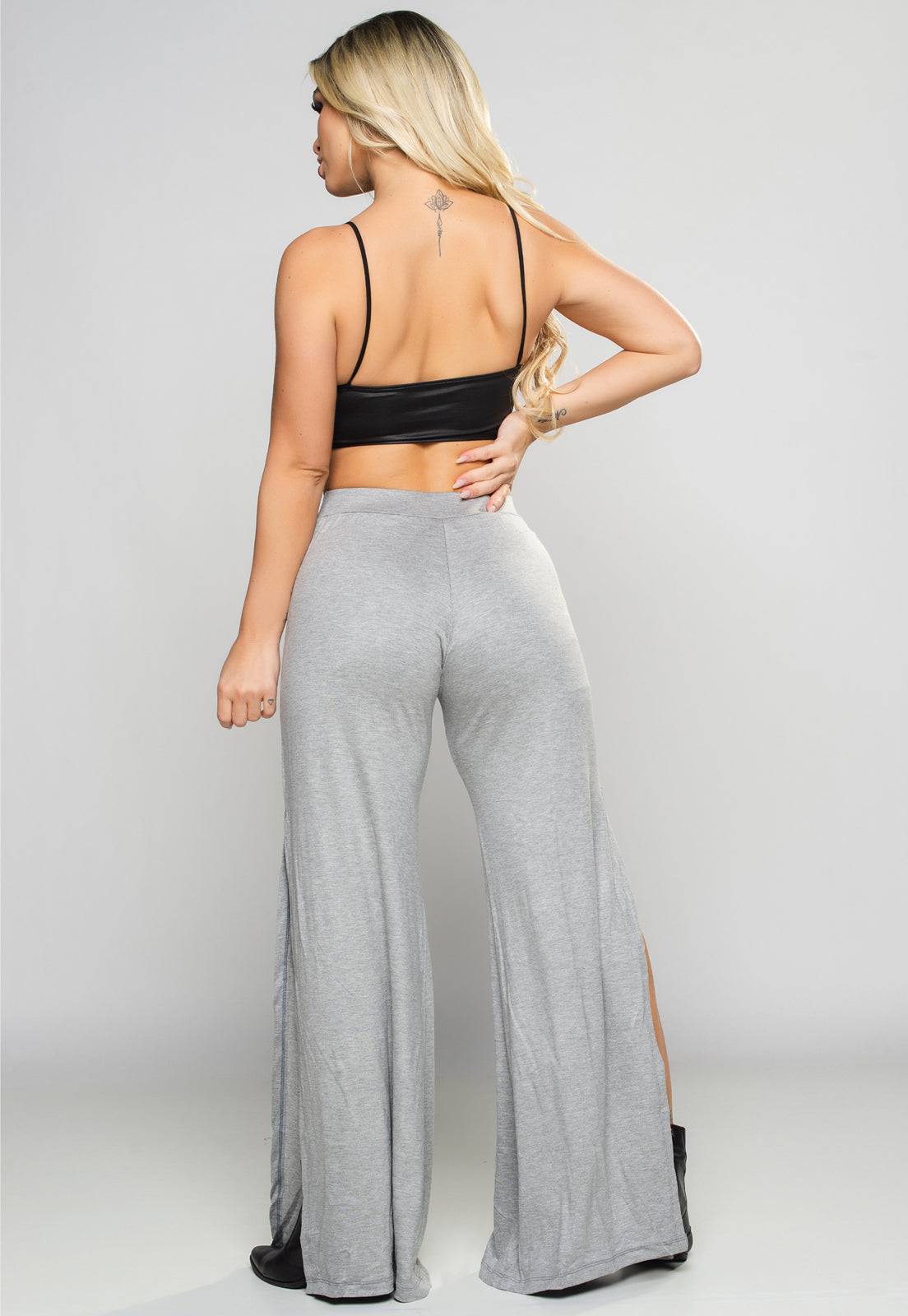 Calça Pantalona Fenda Lateral Cinza - MVB MODAS