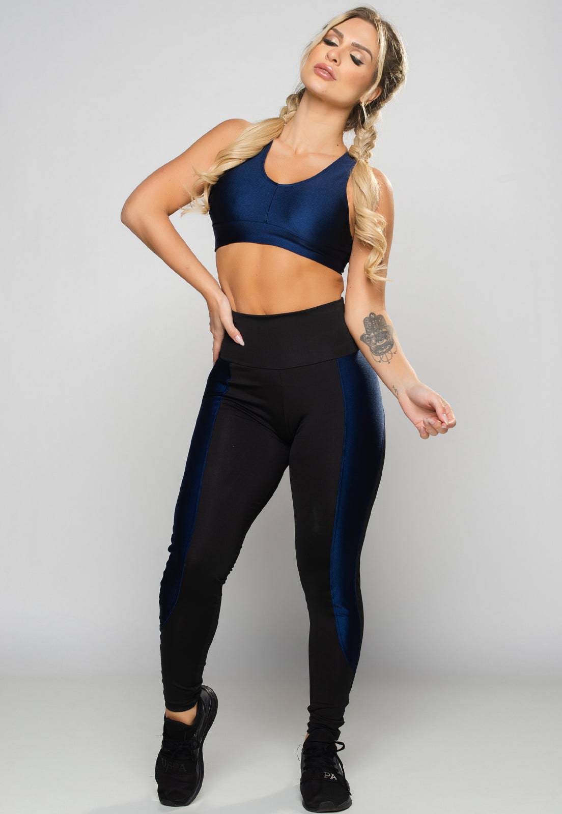 Calça Legging Faixa Poliamida Brilhosa Cintura Alta Azul - MVB MODAS