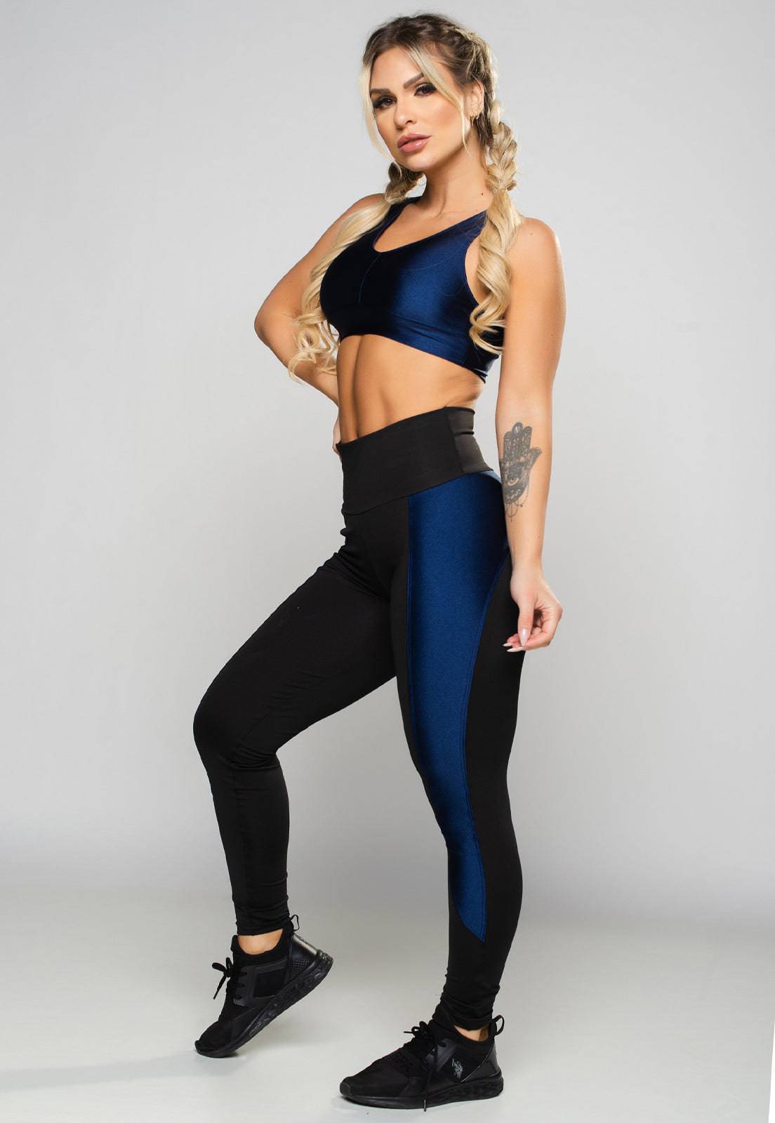 Calça Legging Faixa Poliamida Brilhosa Cintura Alta Azul - MVB MODAS