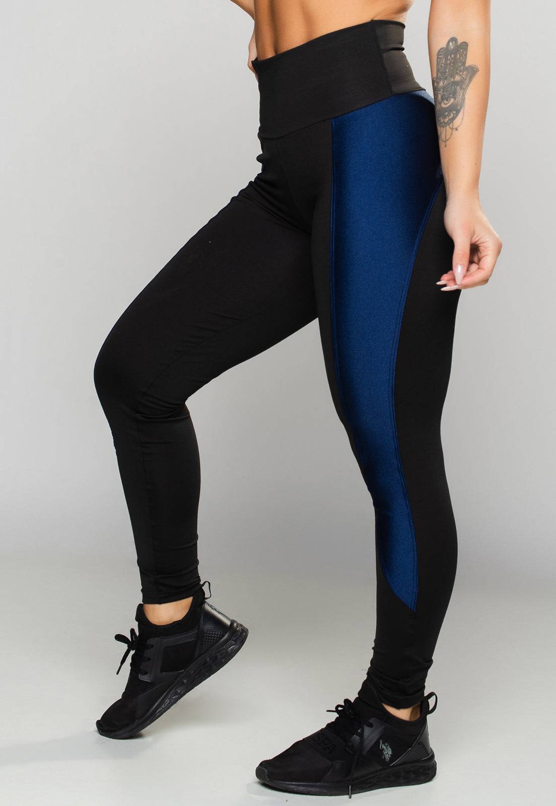 Calça Legging Faixa Poliamida Brilhosa Cintura Alta Azul - MVB MODAS