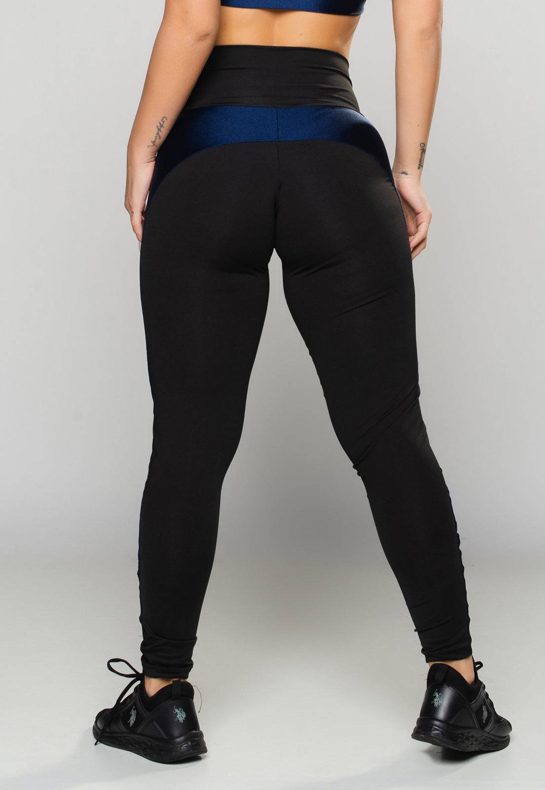 Calça Legging Faixa Poliamida Brilhosa Cintura Alta Azul - MVB MODAS