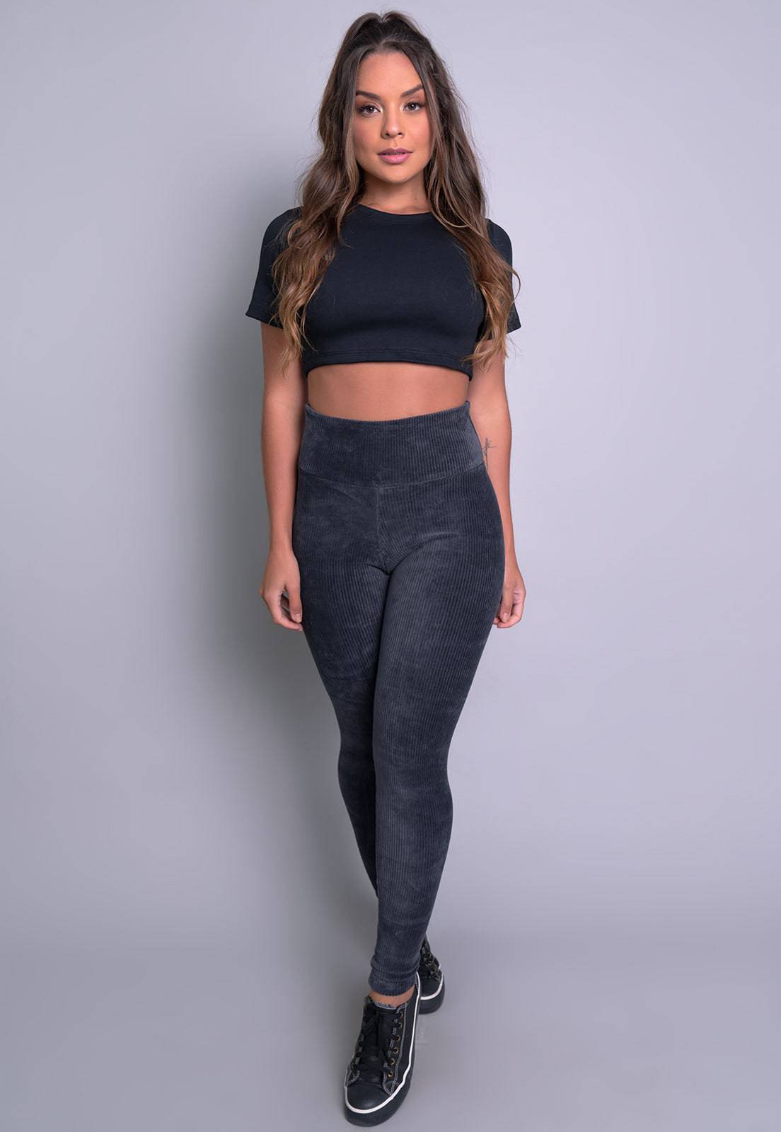 Calça Legging Veludo Cotelê Cintura Alta Cinza - MVB MODAS