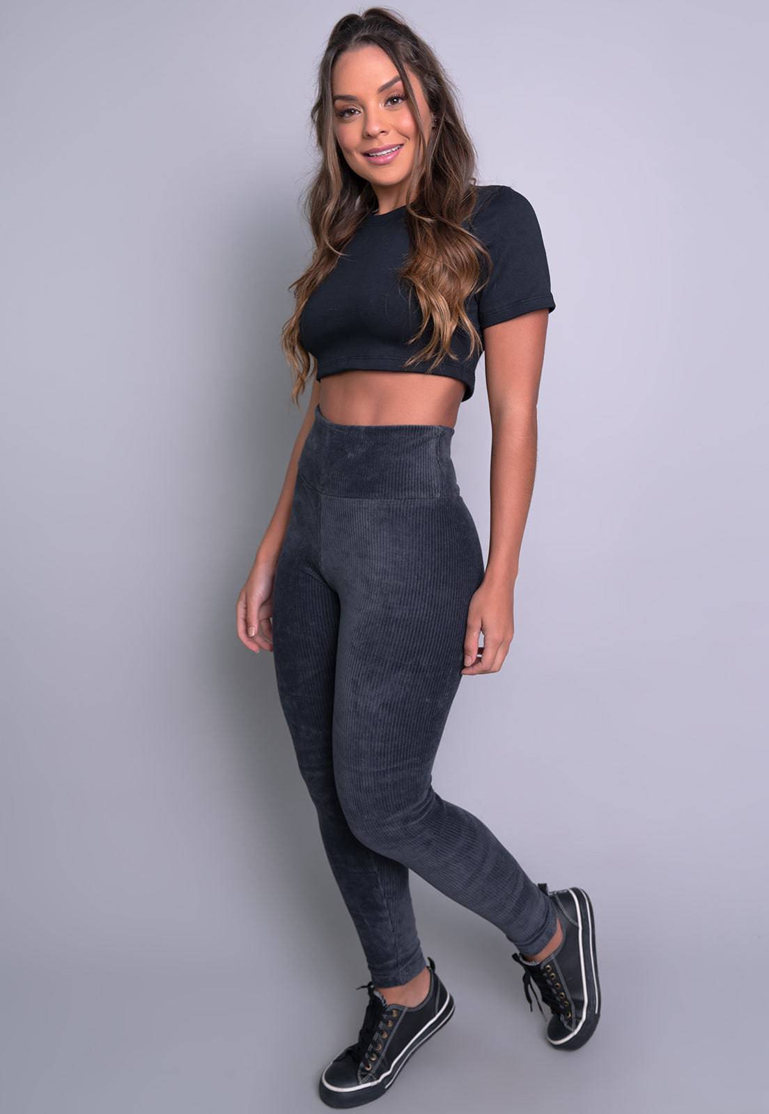 Calça Legging Veludo Cotelê Cintura Alta Cinza - MVB MODAS