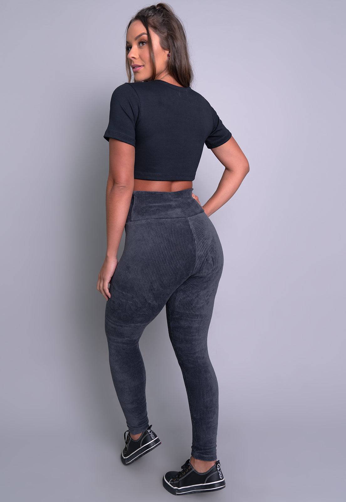 Calça Legging Veludo Cotelê Cintura Alta Cinza - MVB MODAS