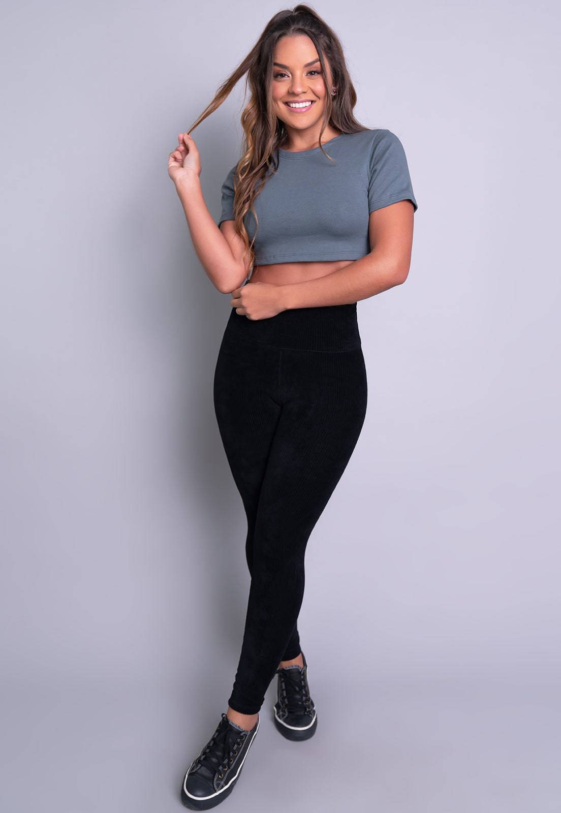 Calça Legging Veludo Cotelê Cintura Alta Cinza - MVB MODAS