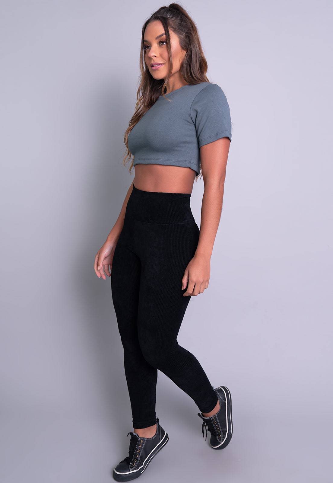 Calça Legging Veludo Cotelê Cintura Alta Cinza - MVB MODAS