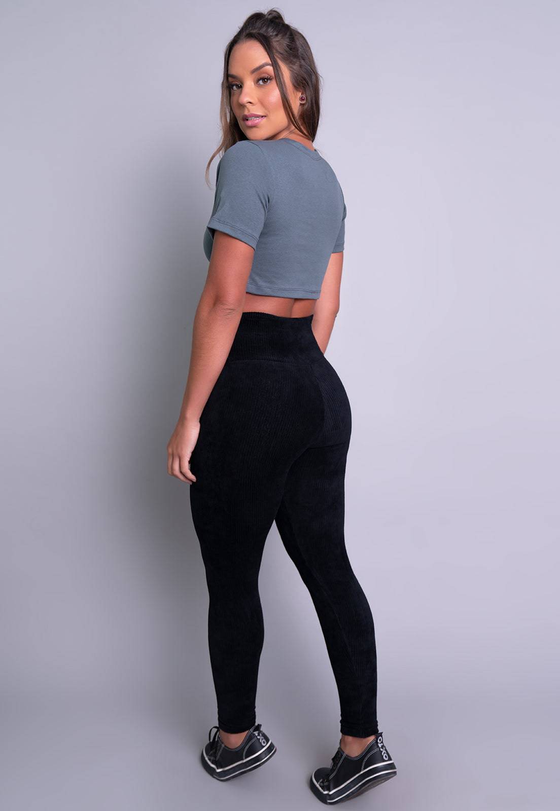 Calça Legging Veludo Cotelê Cintura Alta Cinza - MVB MODAS