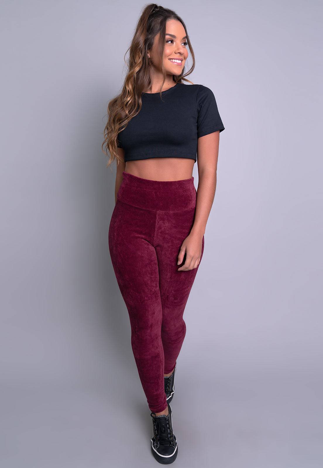 Calça Legging Veludo Cotelê Cintura Alta Vinho - MVB MODAS