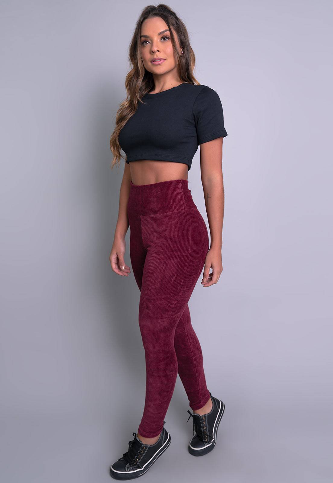 Calça Legging Veludo Cotelê Cintura Alta Vinho - MVB MODAS