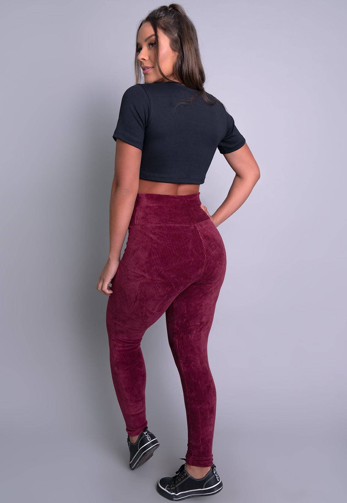 Calça Legging Veludo Cotelê Cintura Alta Vinho - MVB MODAS