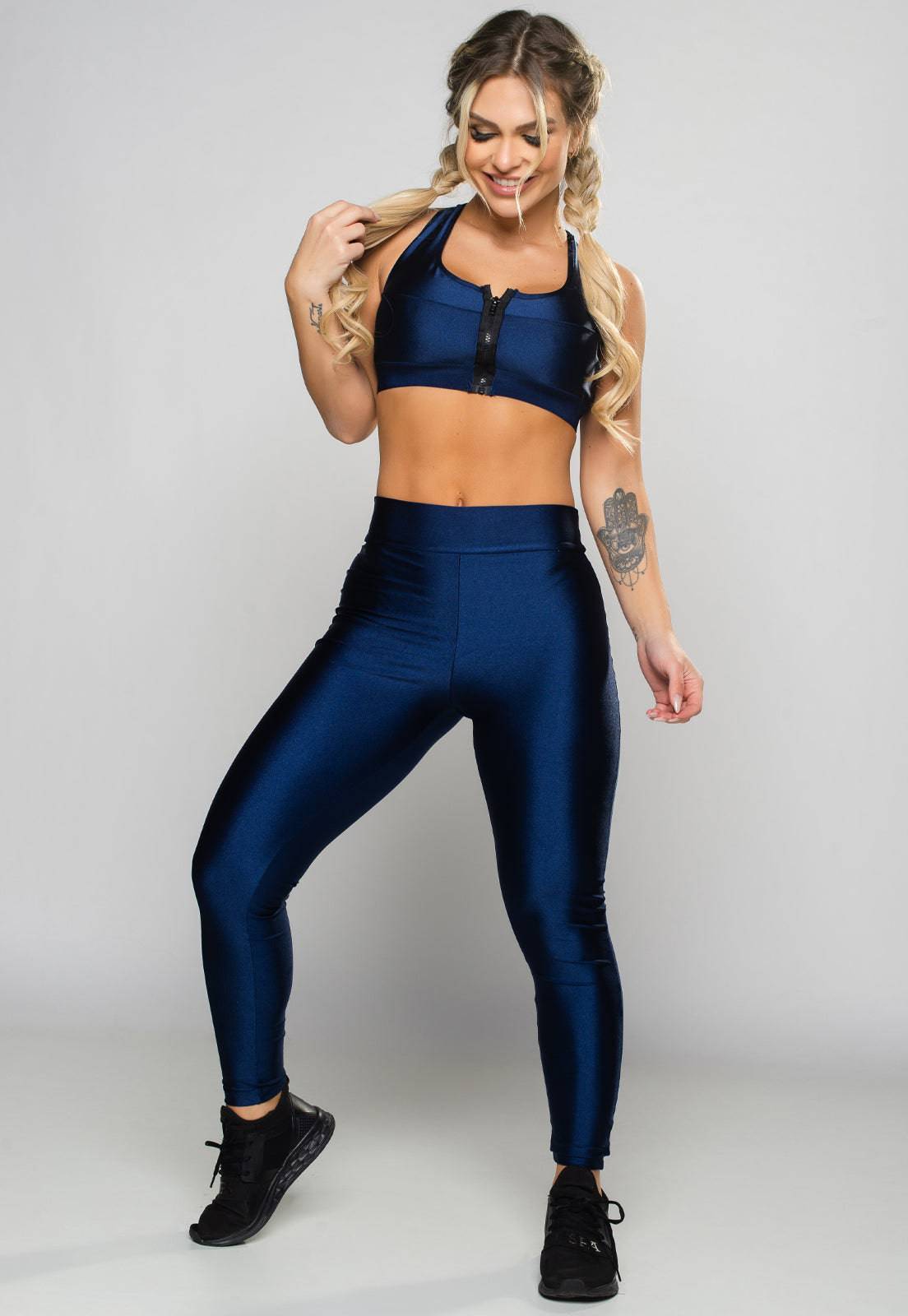 Calça Legging Poliamida Brilhosa Cintura Alta Azul - MVB MODAS