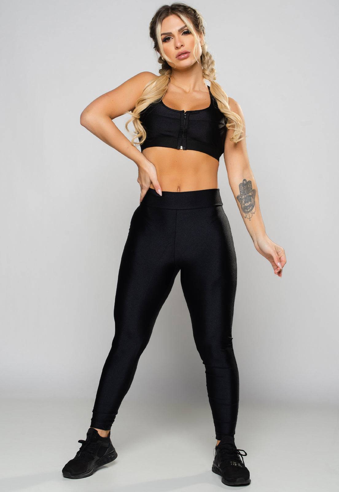 Calça Legging Poliamida Brilhosa Cintura Alta Preto - MVB MODAS