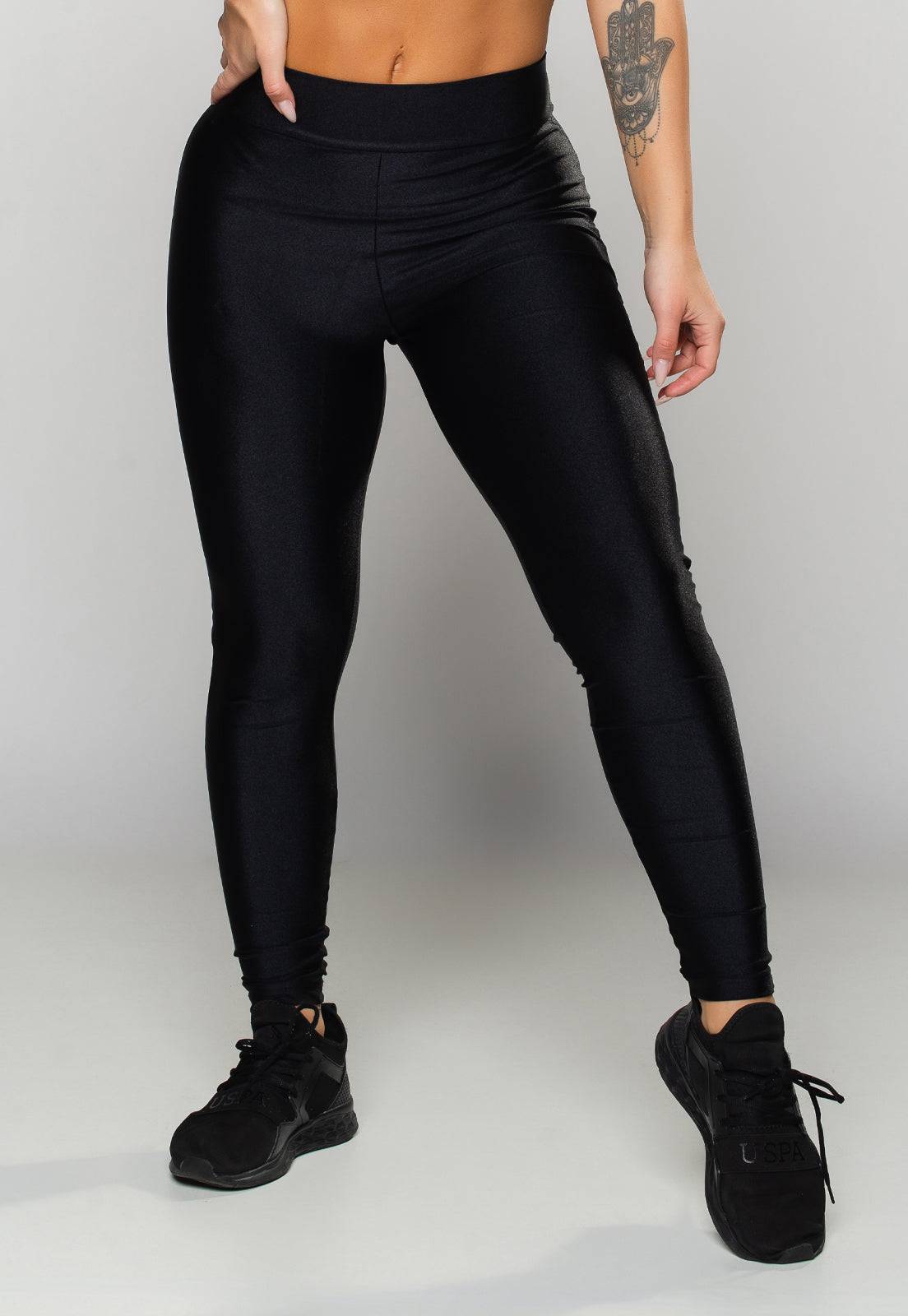 Calça Legging Poliamida Brilhosa Cintura Alta Preto - MVB MODAS