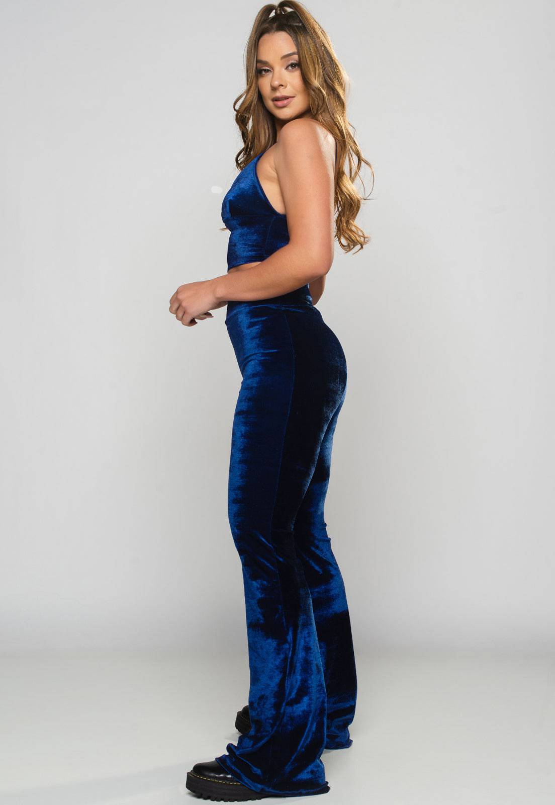 Calça Flare Pantalona Veludo Molhado Cintura Alta Azul - MVB MODAS