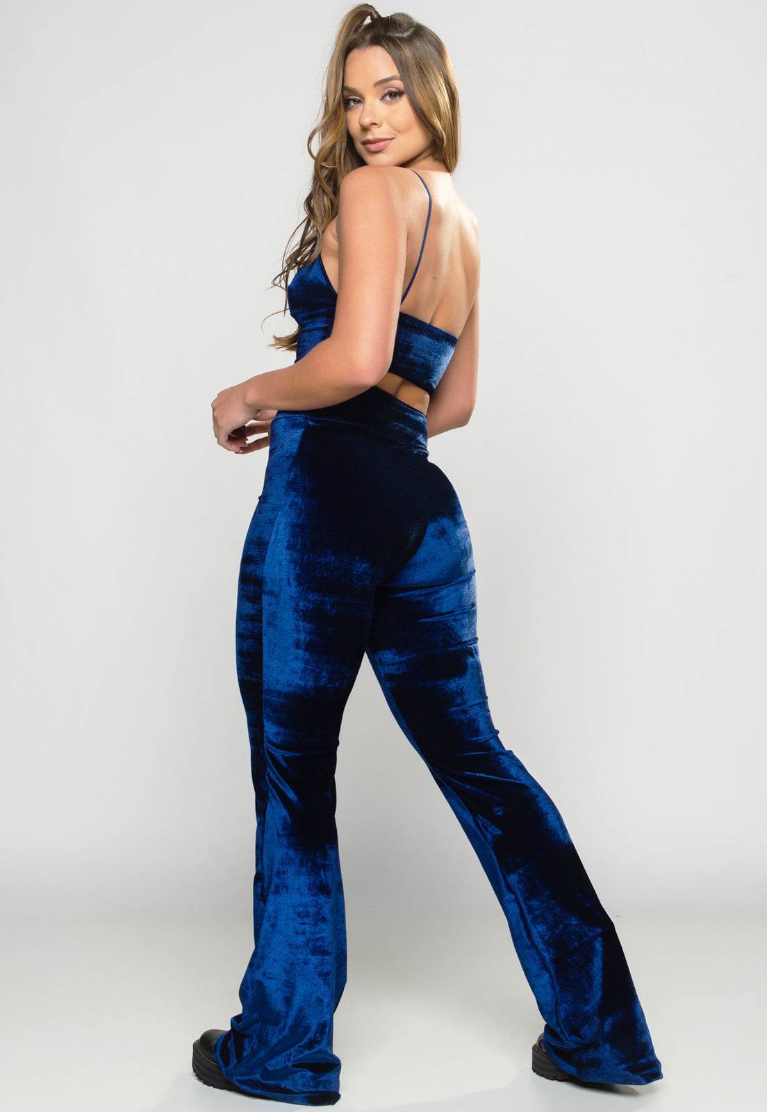 Calça Flare Pantalona Veludo Molhado Cintura Alta Azul - MVB MODAS