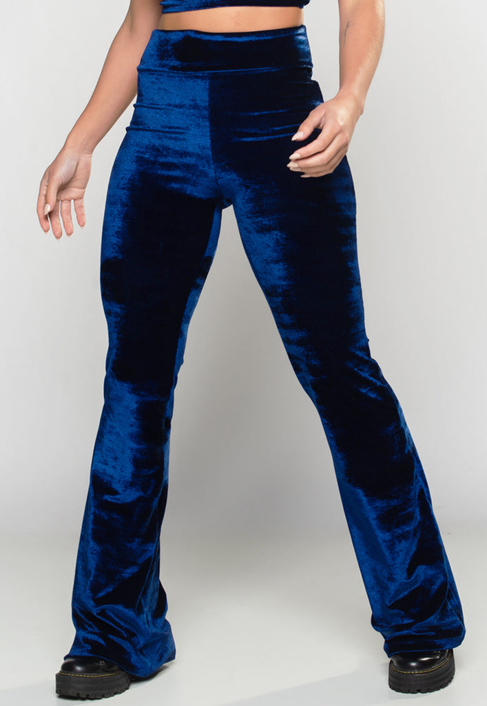Calça Flare Pantalona Veludo Molhado Cintura Alta Azul - MVB MODAS