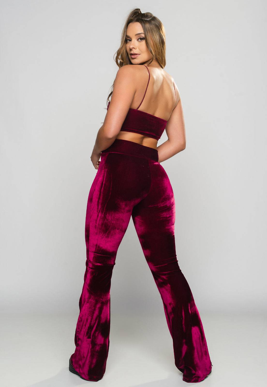 Calça Flare Pantalona Veludo Molhado Cintura Alta Vinho - MVB MODAS