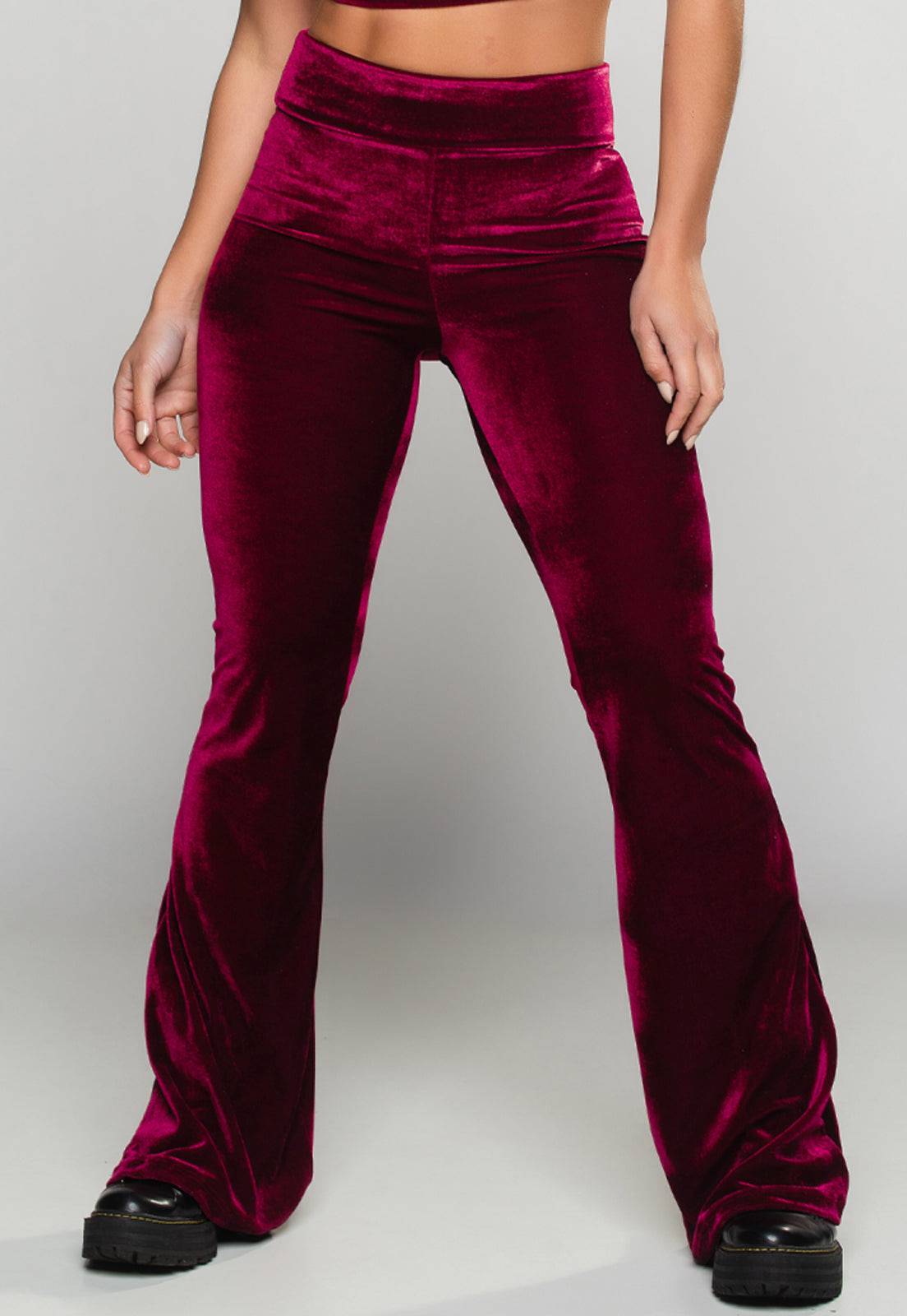Calça Flare Pantalona Veludo Molhado Cintura Alta Vinho - MVB MODAS