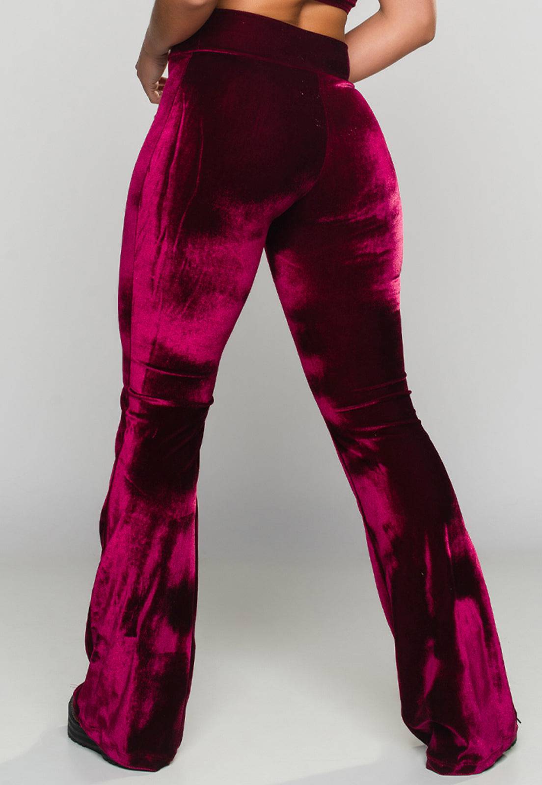 Calça Flare Pantalona Veludo Molhado Cintura Alta Vinho - MVB MODAS