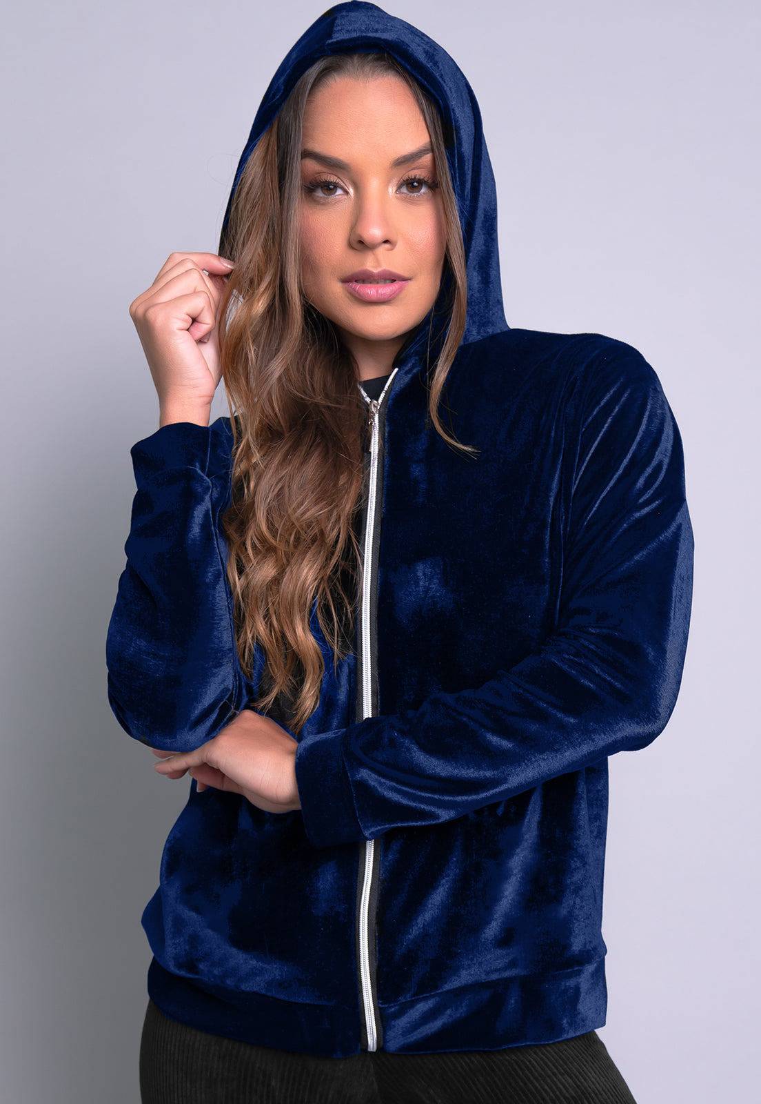 Casaco Inverno Veludo Molhado Capuz Azul - MVB MODAS