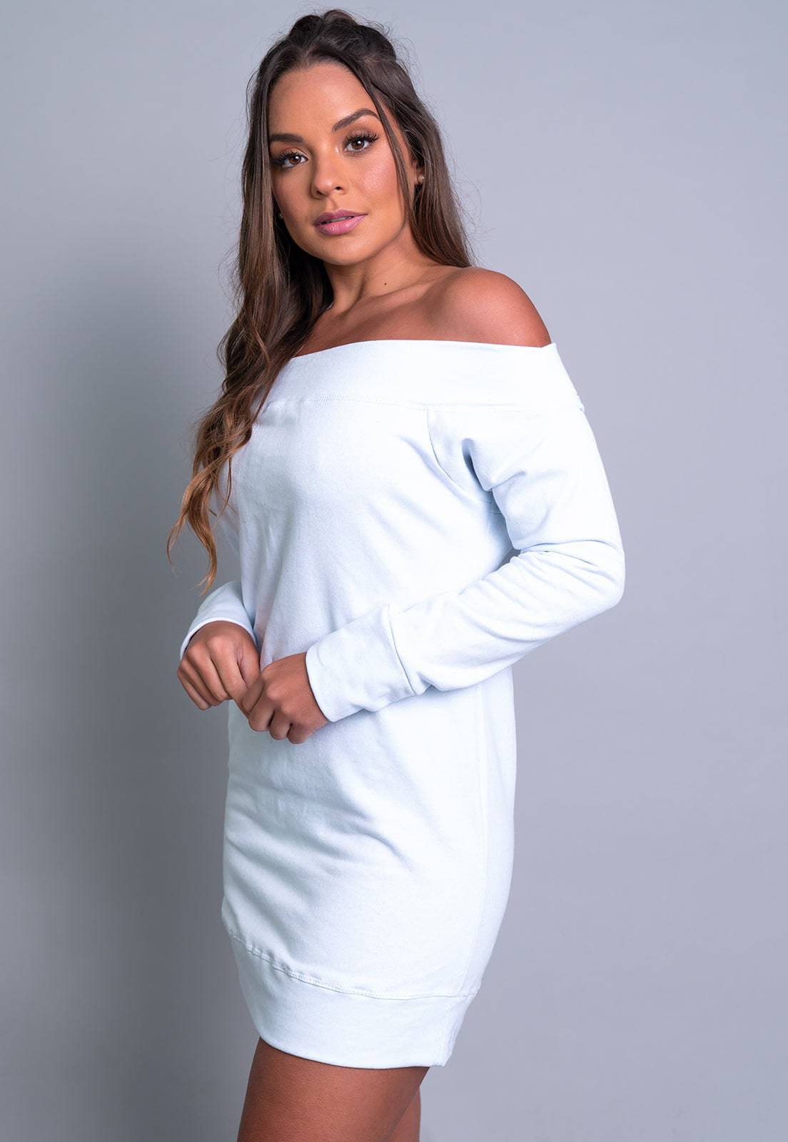 Vestido Moletom Ombro a Ombro Manga Longa Branco - MVB MODAS